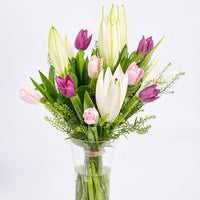 Elegant Medley of Lilies and Tulips in Glass Vase