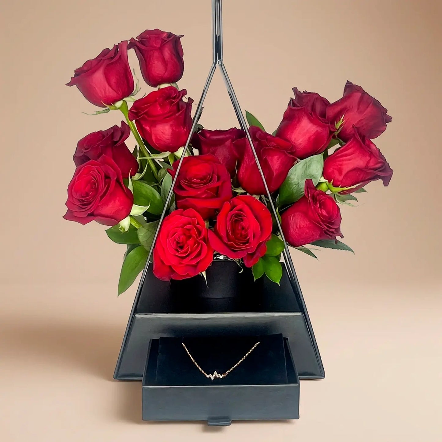 Midnight Romance Rose Box with Heartbeat Crystal Necklace