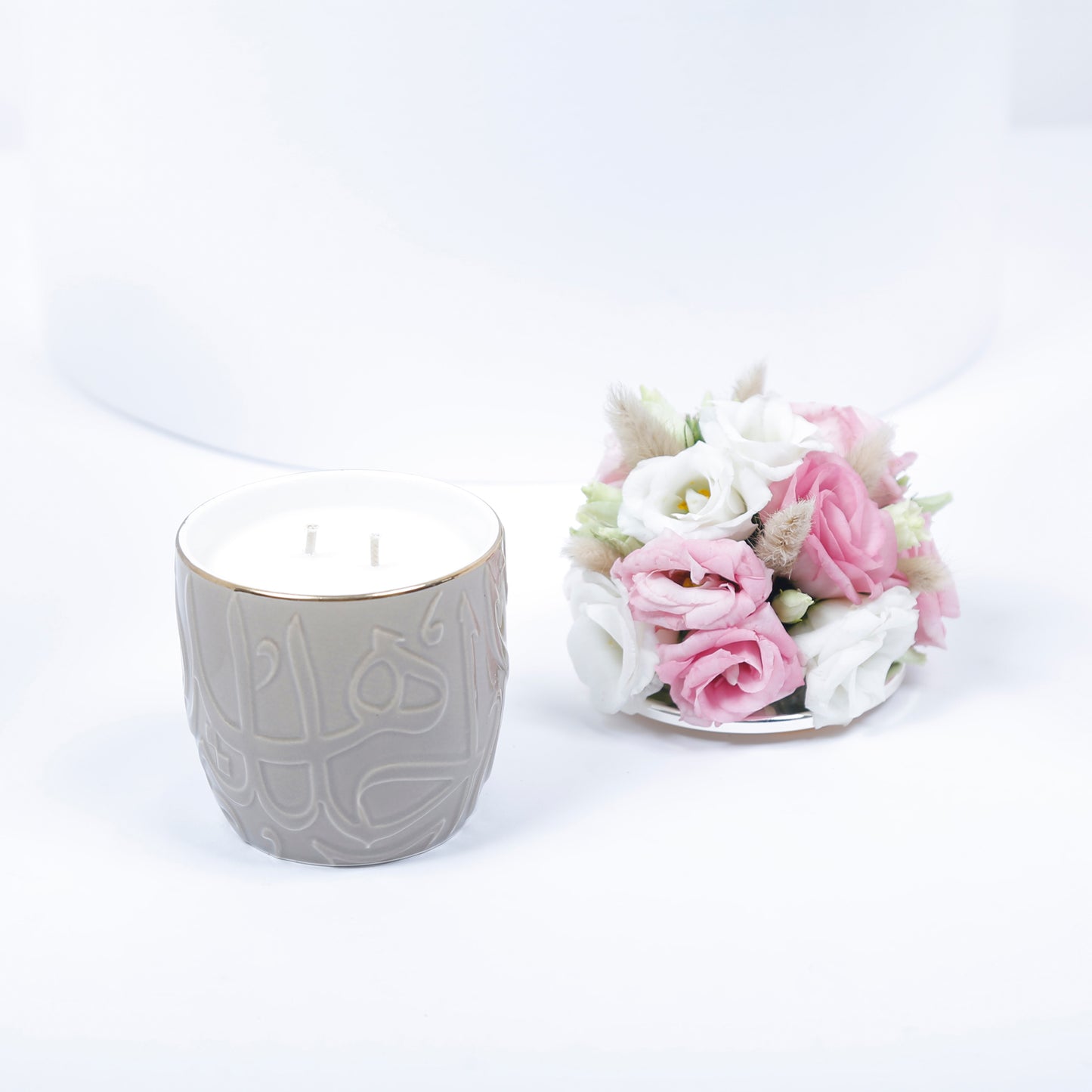 Mint Blooms Home Candle with Pink and White Lisianthus Arrangement