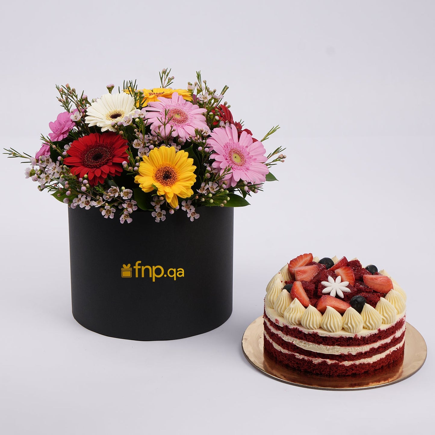 Vibrant Mixed Color Gerberas Flower Box with Decadent Red Velvet Cake