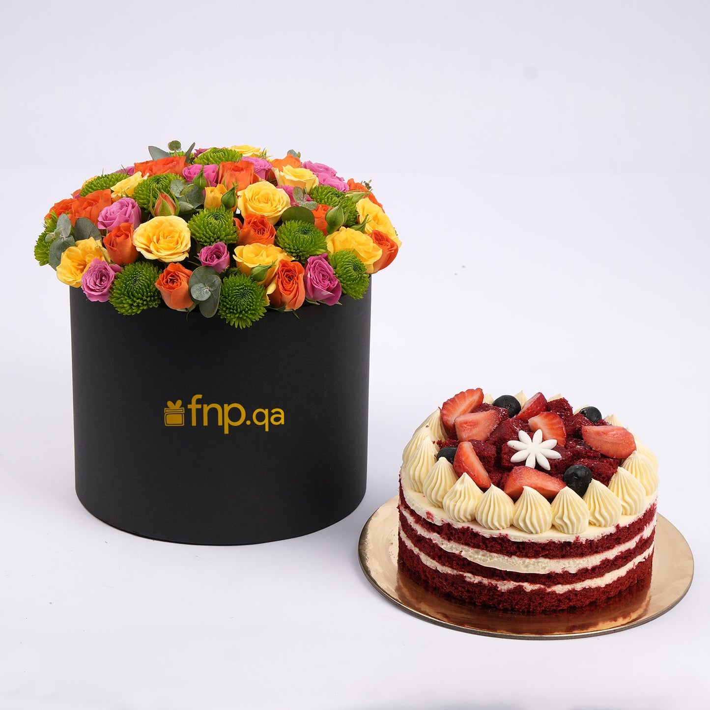 Luxurious Mixed Color Roses Flower Box with Decadent Red Velvet Cake