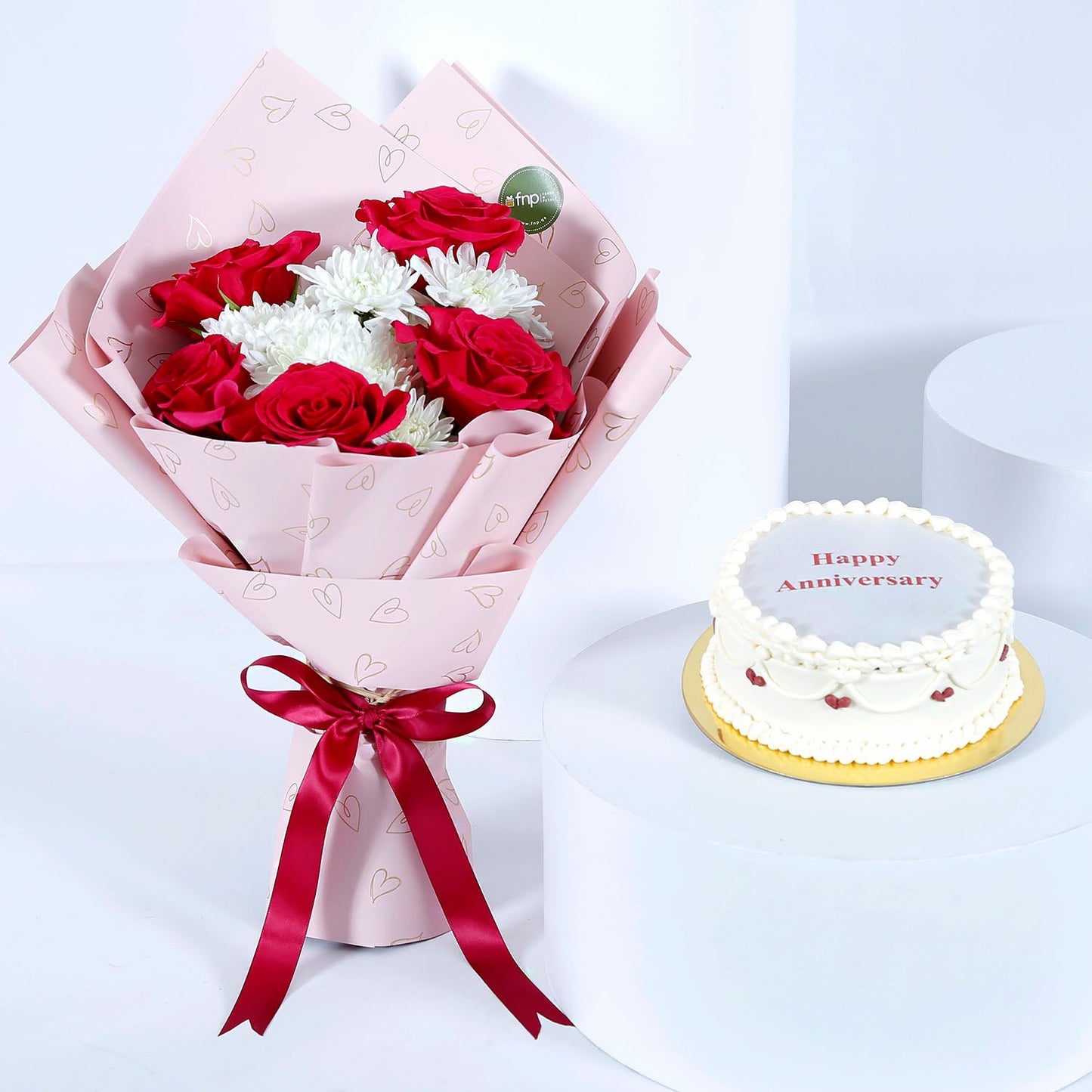 Elegant Anniversary Flower Bouquet with Red Velvet Candle Cake