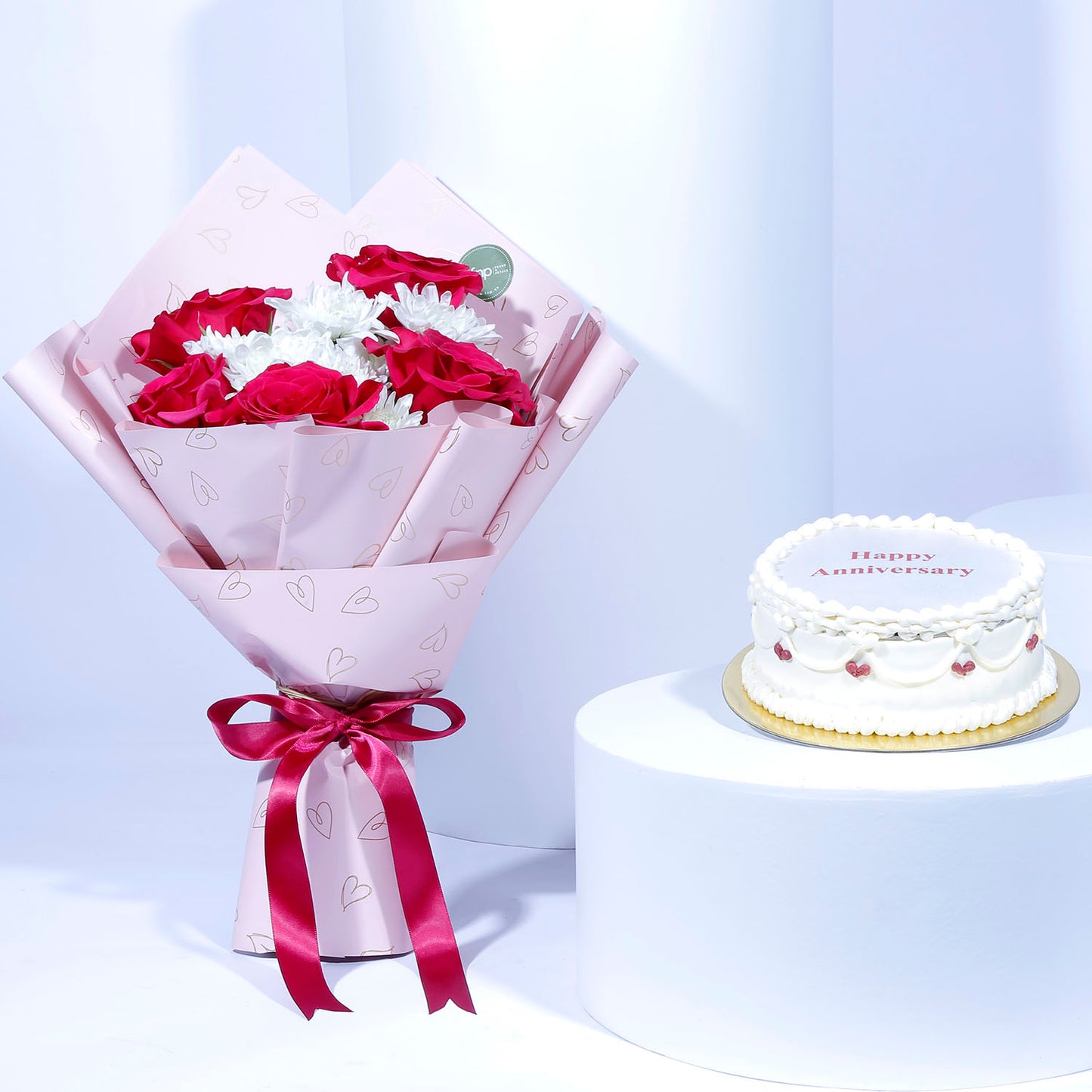 Elegant Anniversary Flower Bouquet with Red Velvet Candle Cake