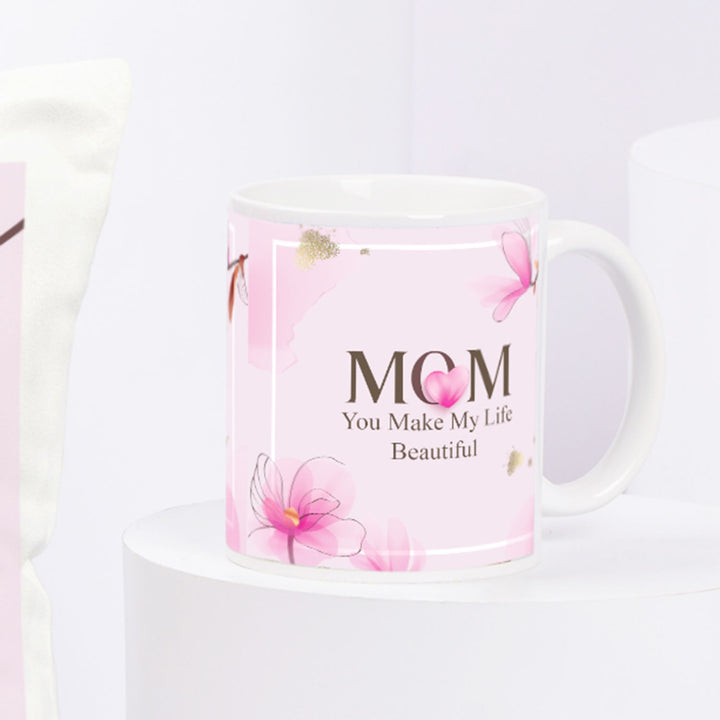 أمي: أنت تجعلين حياتي جميلة - طقم وسادة وكوب