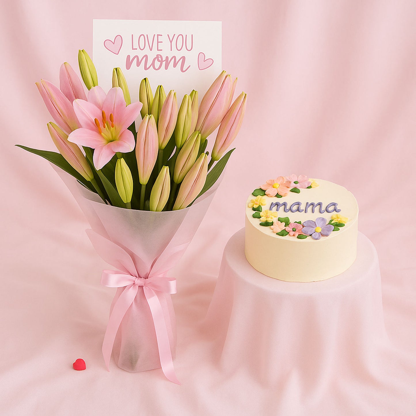 Cherished Moments: Pink Lilies and Chocolate Cake Gift Bundle for Moms
