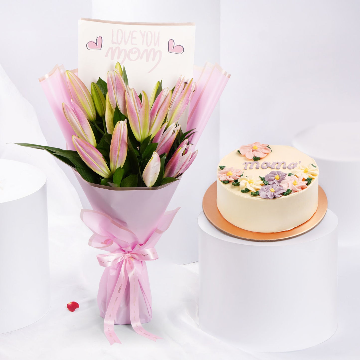 Cherished Moments: Pink Lilies and Chocolate Cake Gift Bundle for Moms
