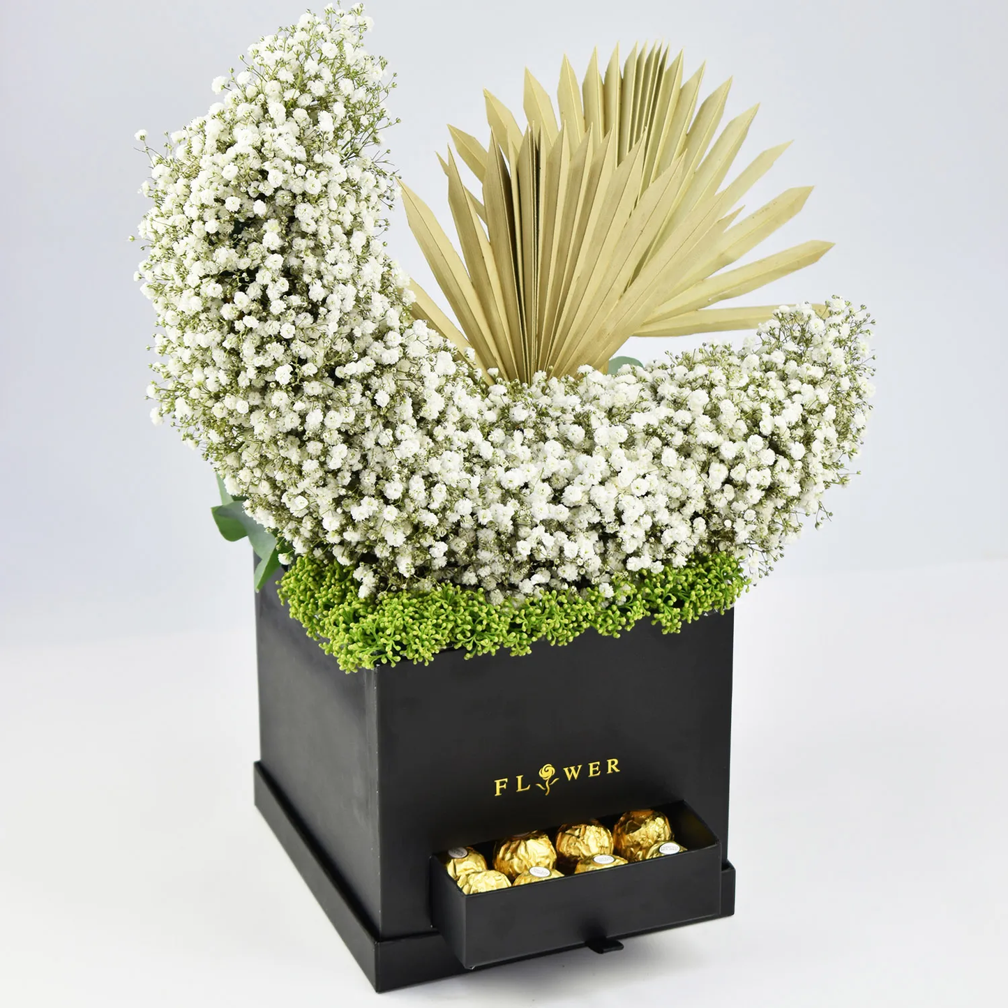 Elegant Moon-Shaped Flower Arrangement with Luxurious Chocolates