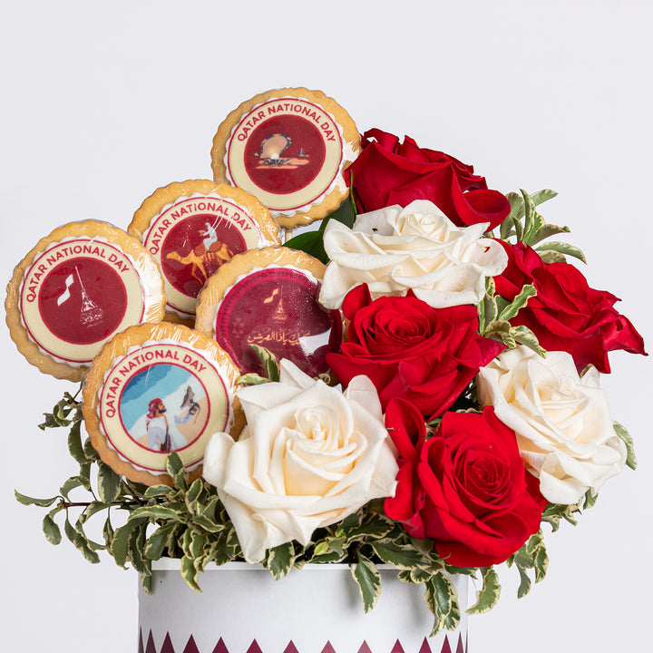 Qatar National Day Celebration Roses & Gourmet Cookies Box