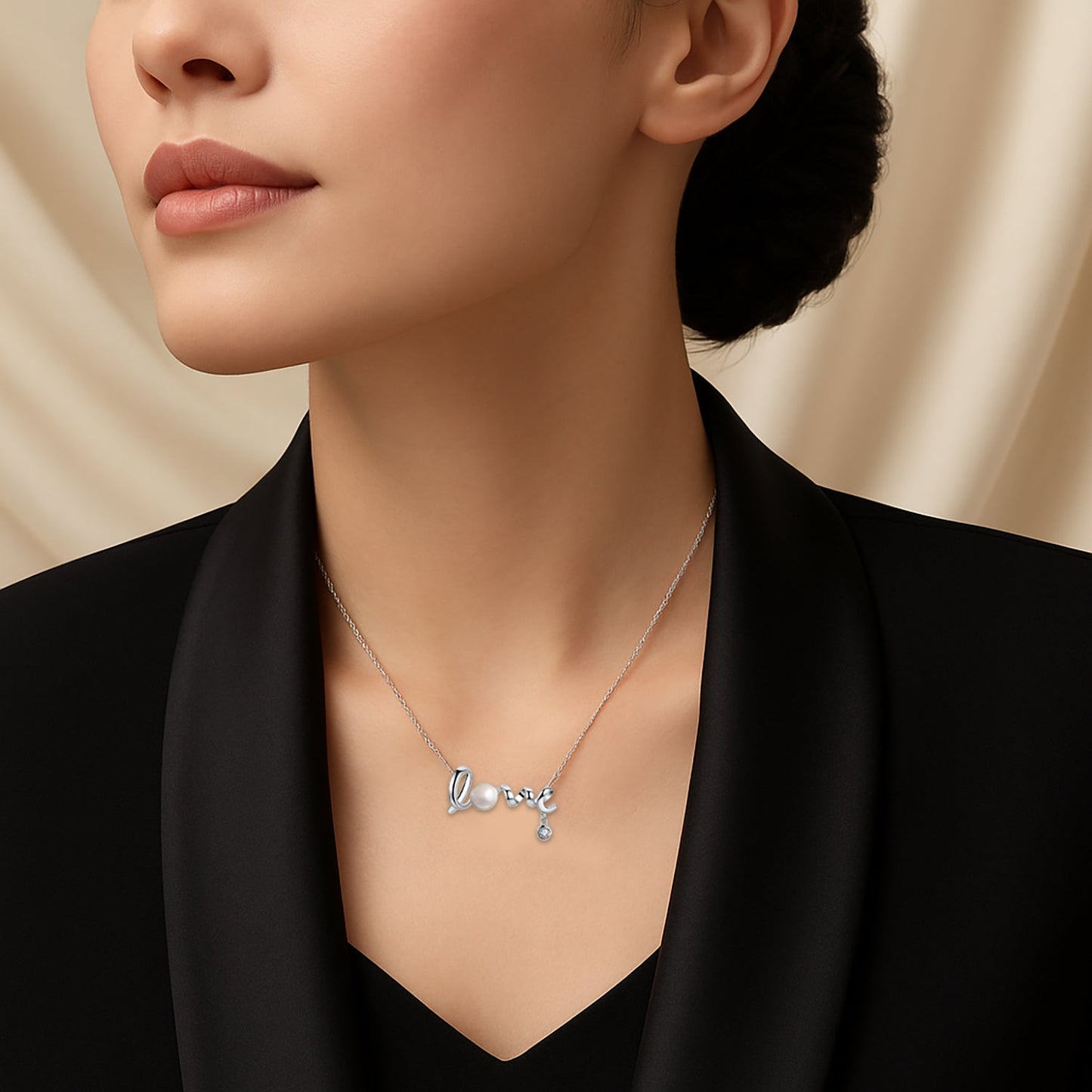 Sterling Silver 'Love' Script Necklace with Pearl Accent