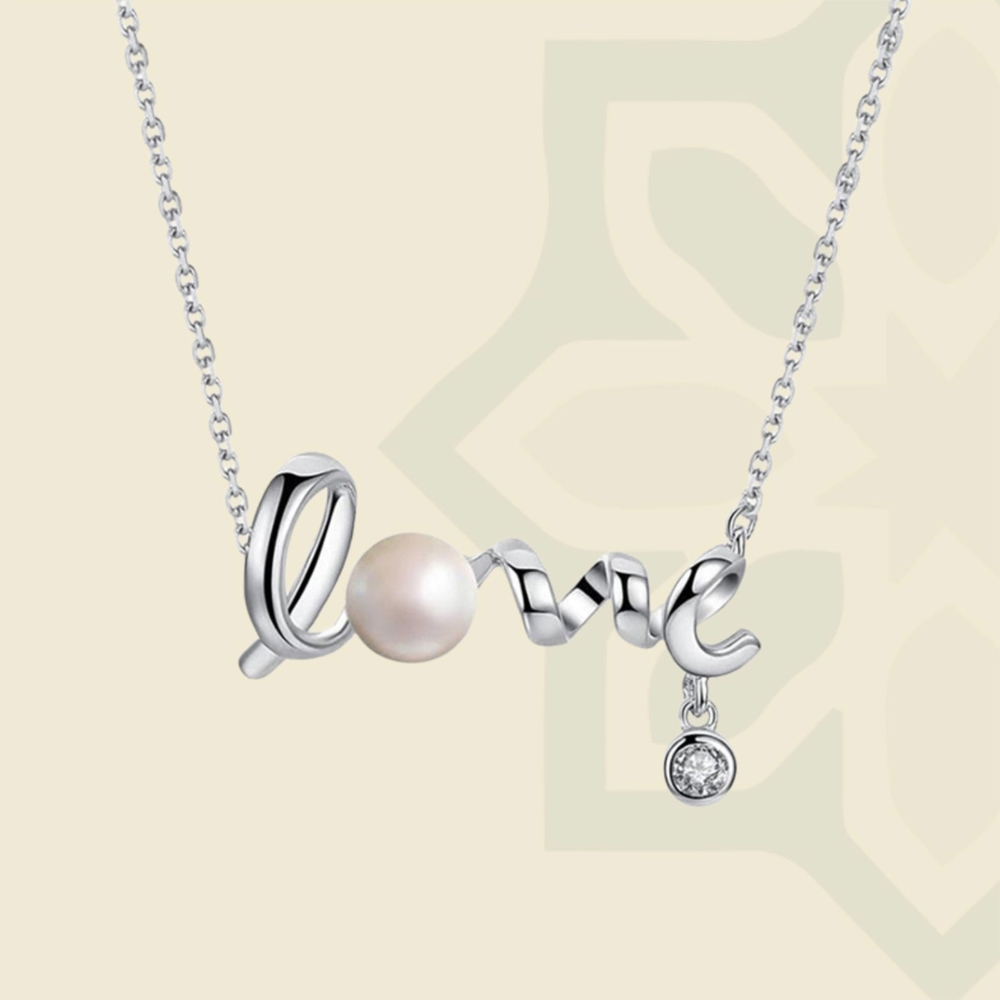 Sterling Silver 'Love' Script Necklace with Pearl Accent
