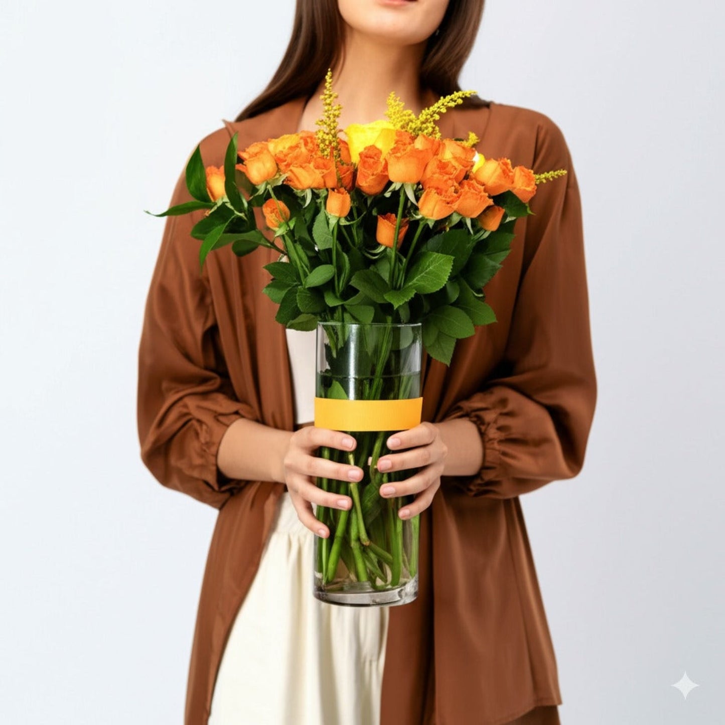 Elegant Orange and Yellow Rose Vase Arrangement with Ribbon