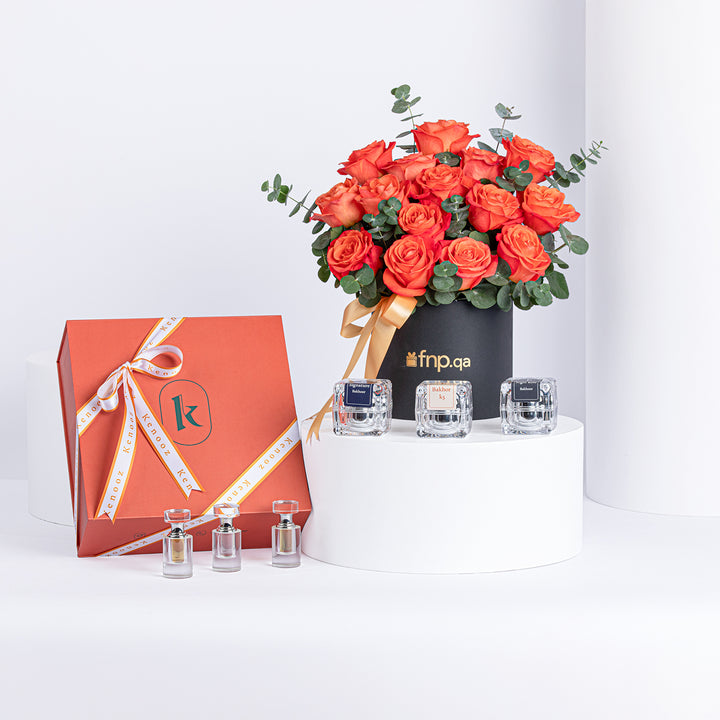 مجموعة هدايا كينوز الفاخرة مع 15 وردة برتقالية وروائح عطرة