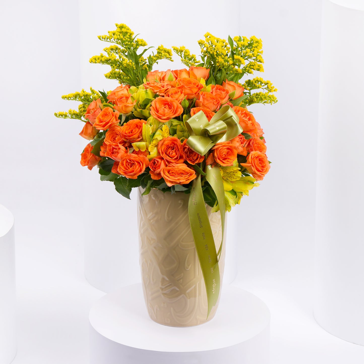 Otantik Home - Elegant Medium Decorative Vase with Orange Roses - Ivory & Gold