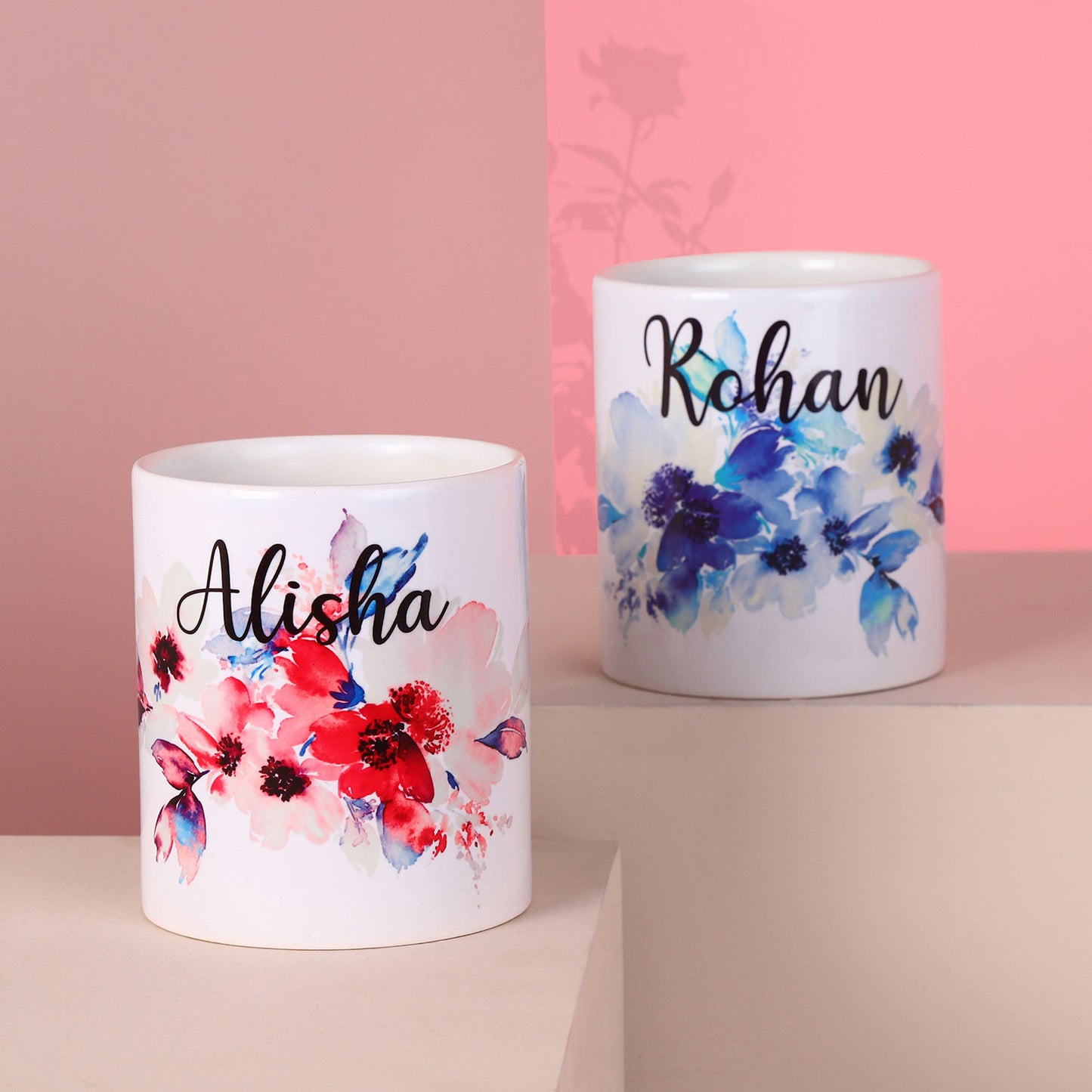 Elegant Personalized Name Couple Mugs - Set of 2 Ceramic Cups