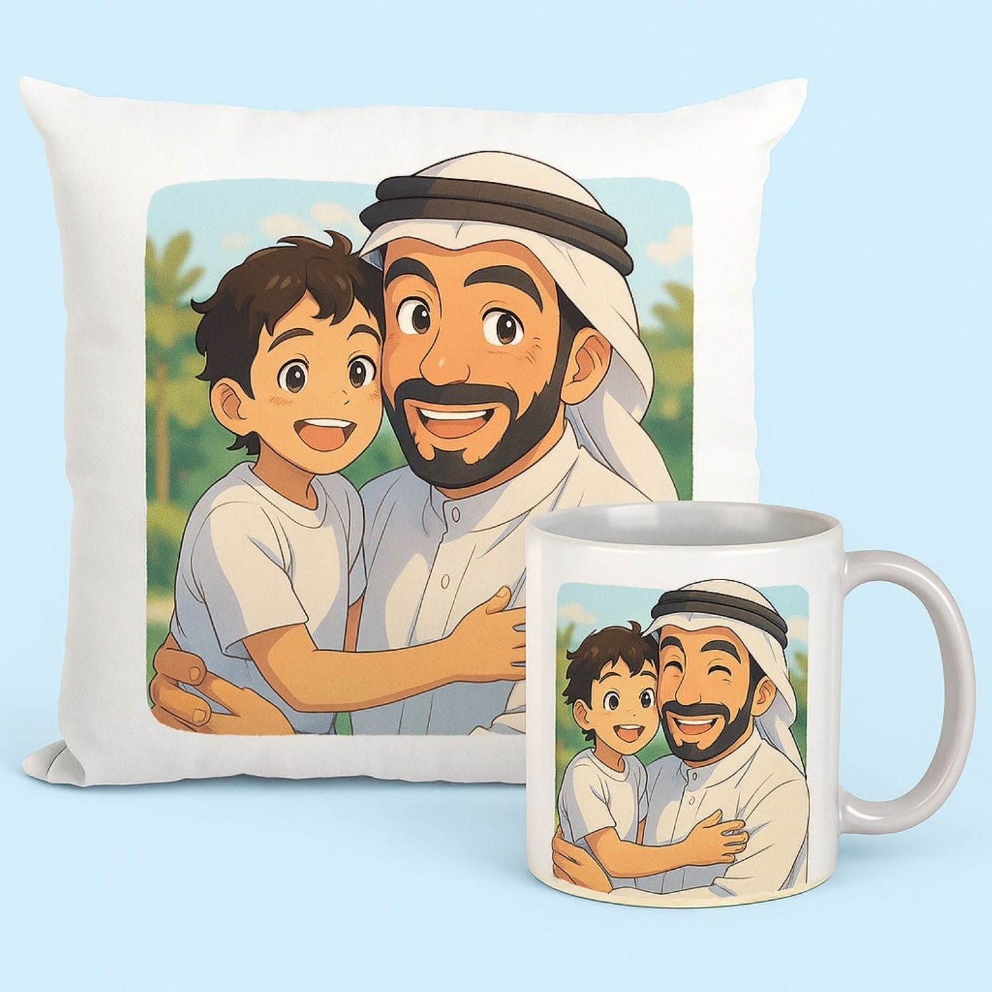 Custom Ghibli-Inspired Cushion and Mug Set for Father