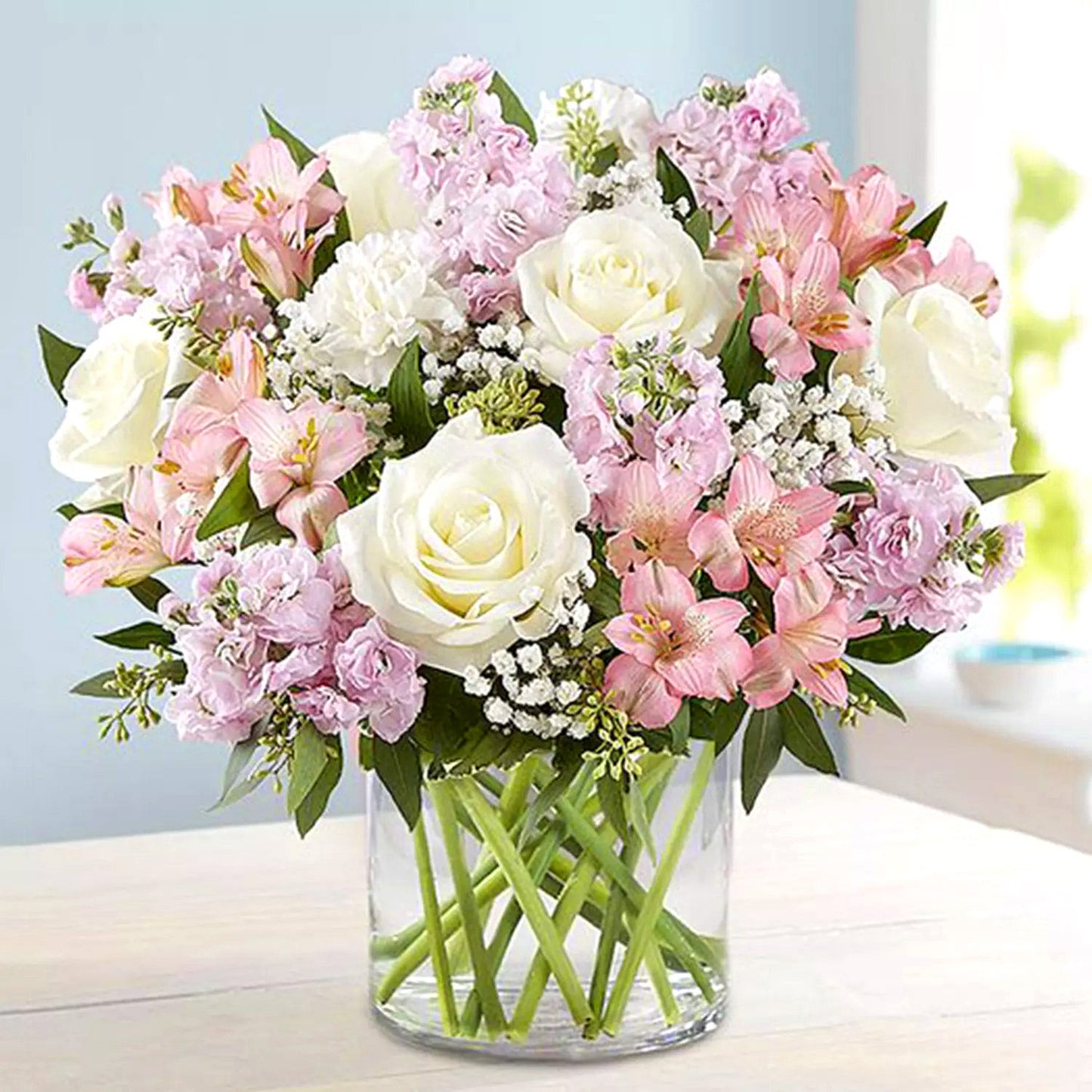 Elegant Pink and White Floral Bouquet in Glass Vase - Perfect for Any Occasion