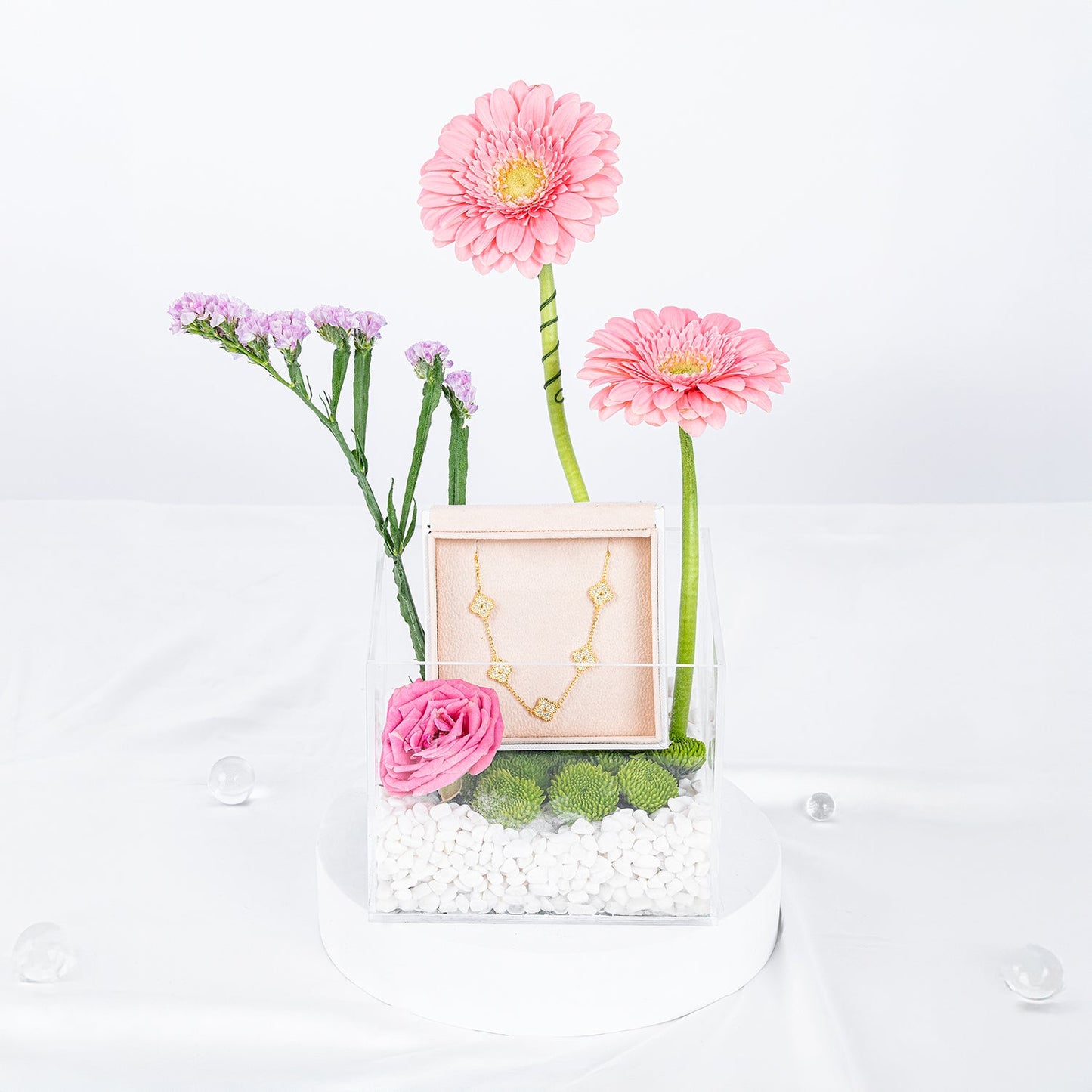 Elegant Pink Floral Gift Box with Silver Bracelet and Cubic Zirconia