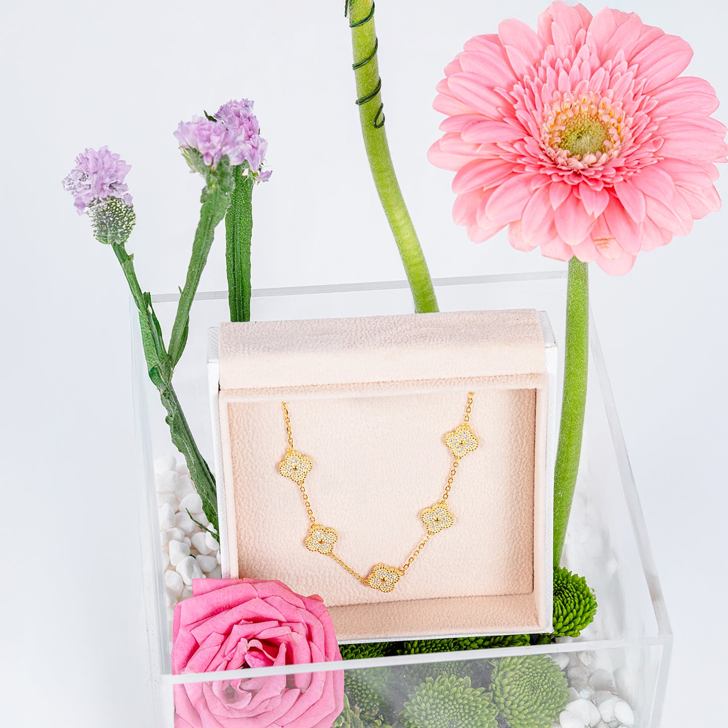 Elegant Pink Floral Gift Box with Silver Bracelet and Cubic Zirconia