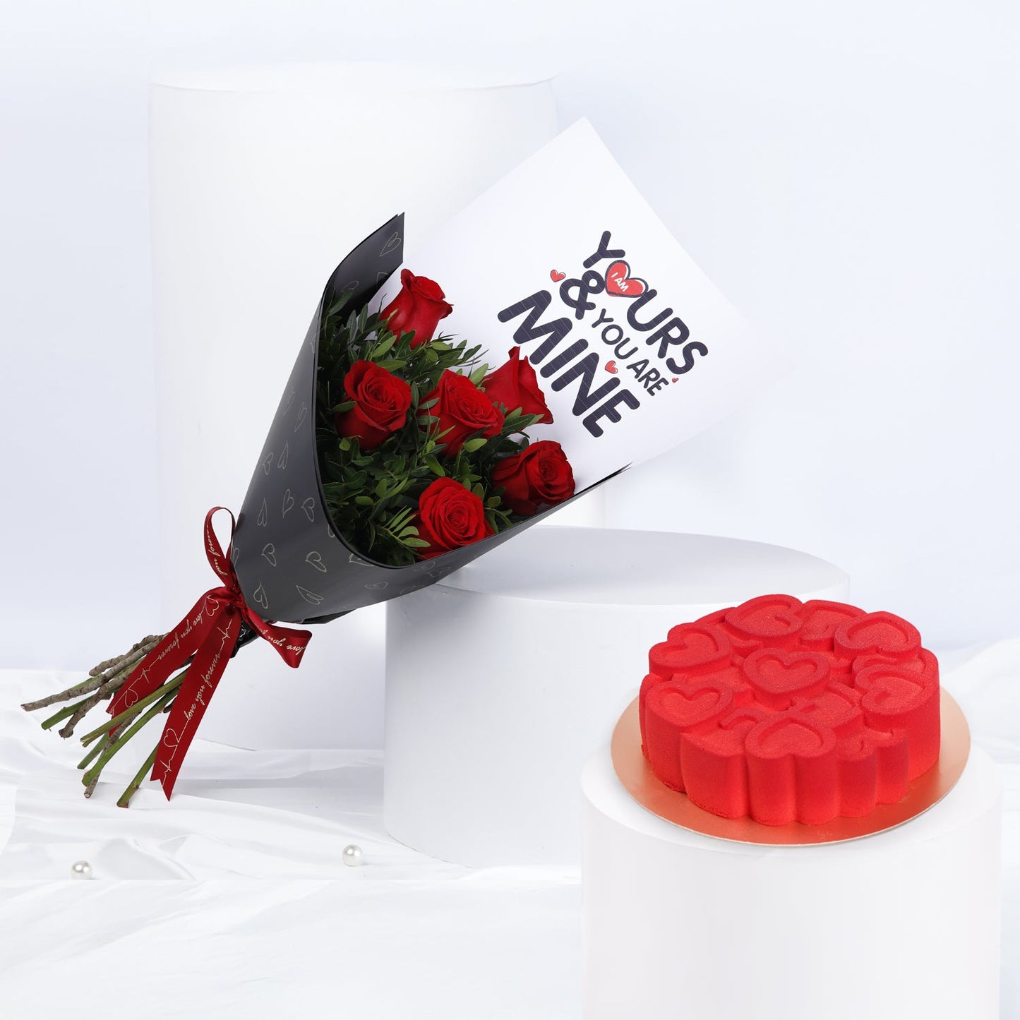 U R Mine Bouquet with Red Velvet Heart Cake - Perfect Gift Set