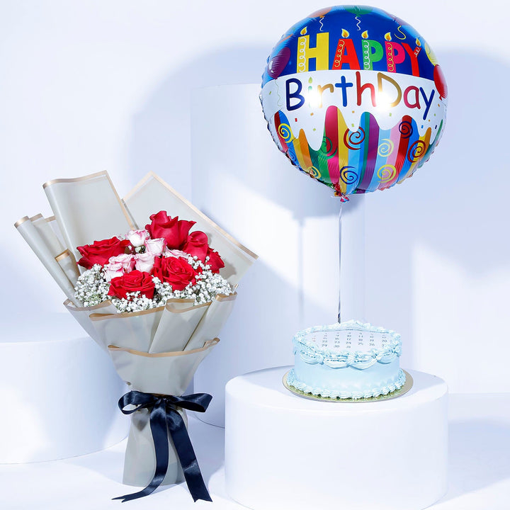 باقة عيد ميلاد فاخرة: باقة ورود، كعكة ريد فيلفيت وبلون
