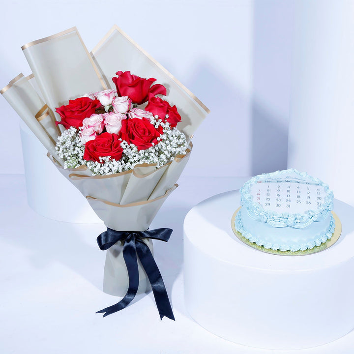 Elegant Chocolate Cake with Calendar Design & Rose Bouquet