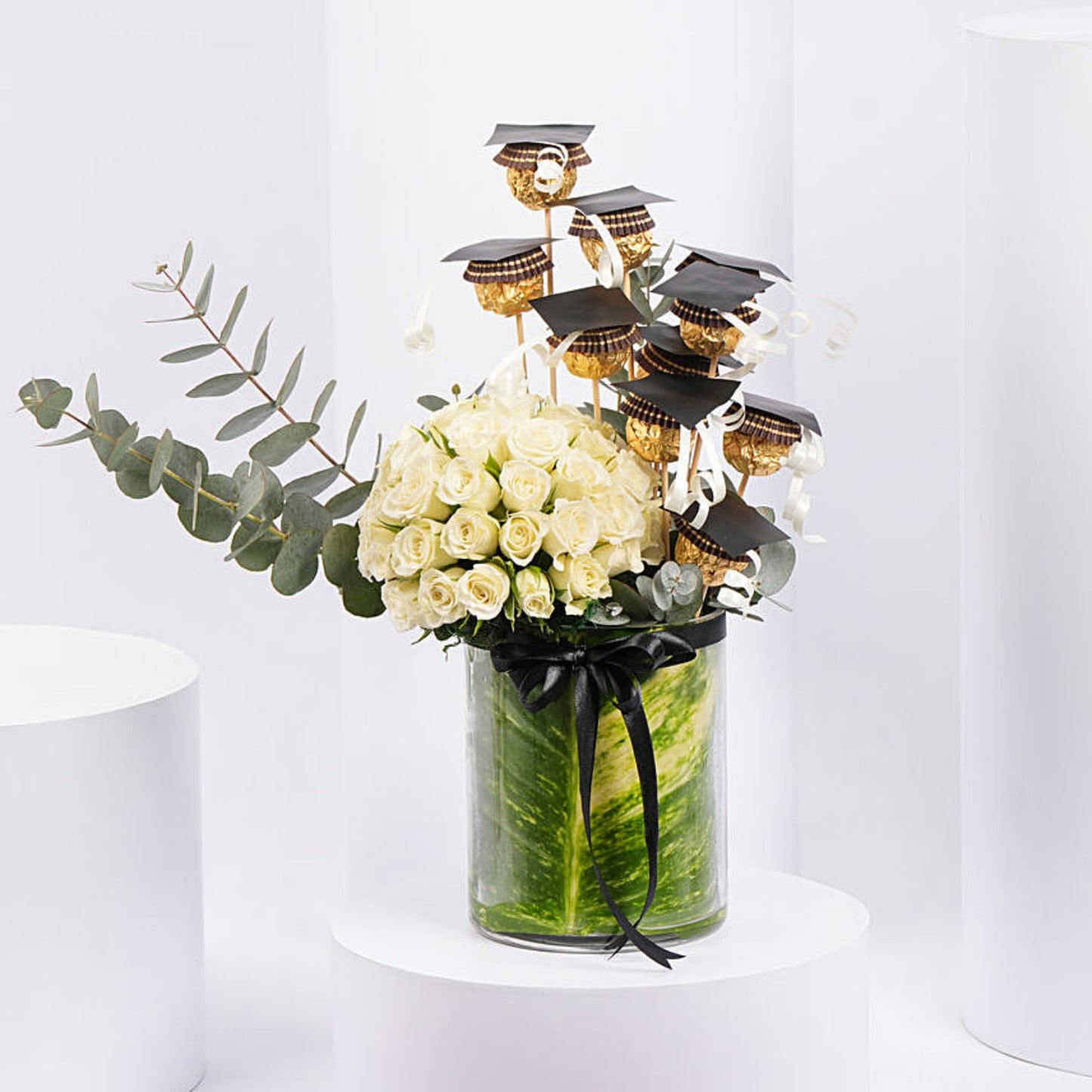 Elegant Graduation Gift: White Roses & Ferrero Rocher Delight