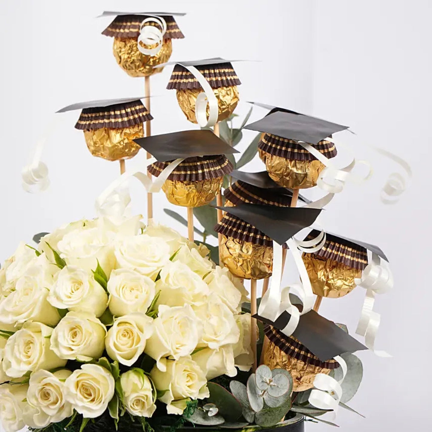 Elegant Graduation Gift: White Roses & Ferrero Rocher Delight
