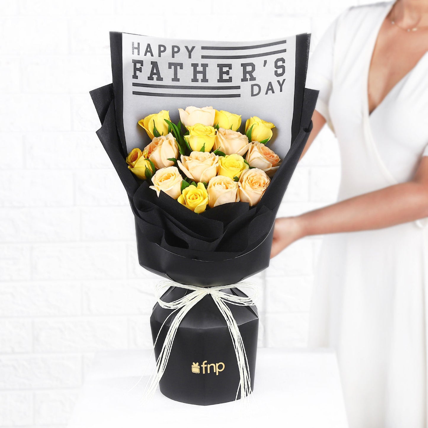 Elegant Rosey Father's Day Special Bouquet - Premium Peach and Yellow Roses