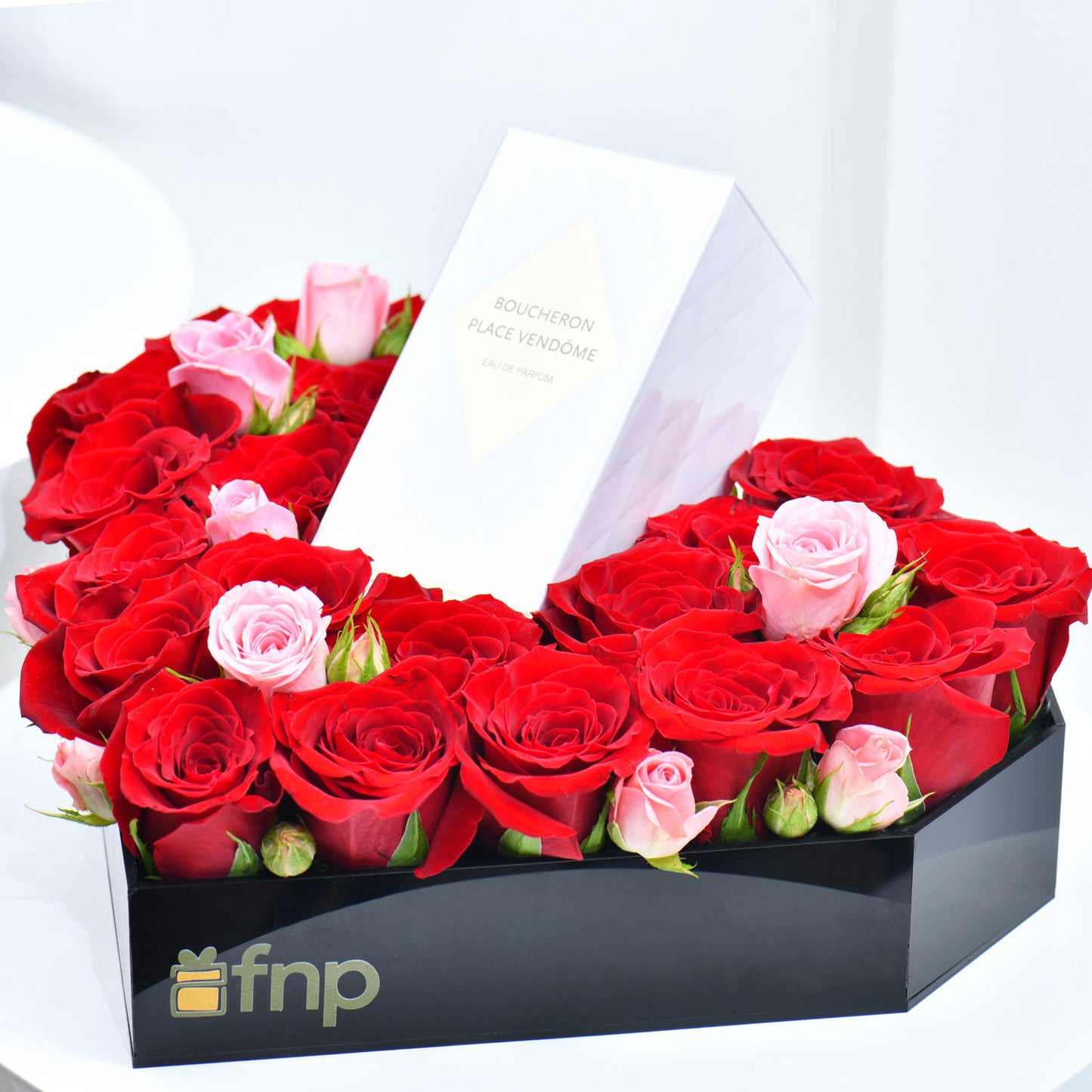Luxurious Heart Box of Royal Red Roses & Place Vendôme Boucheron Perfume Gift Set
