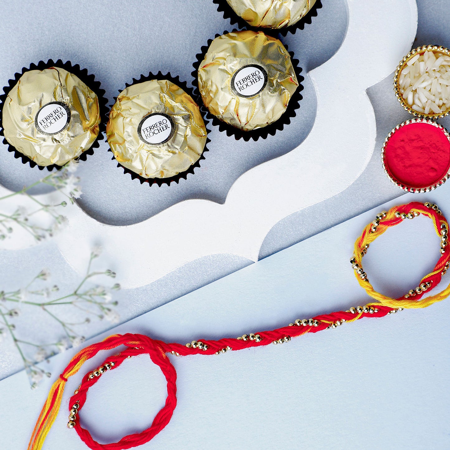 Elegant Sacred Beadwork Mauli Rakhi with Ferrero Rocher Delights - Perfect Raksha Bandhan Gift