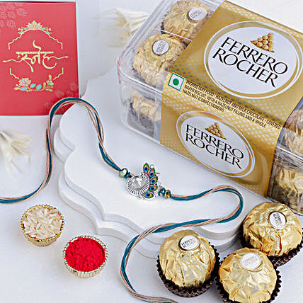 Exquisite Sapphire Serenity Peacock Rakhi with Ferrero Rocher Delight