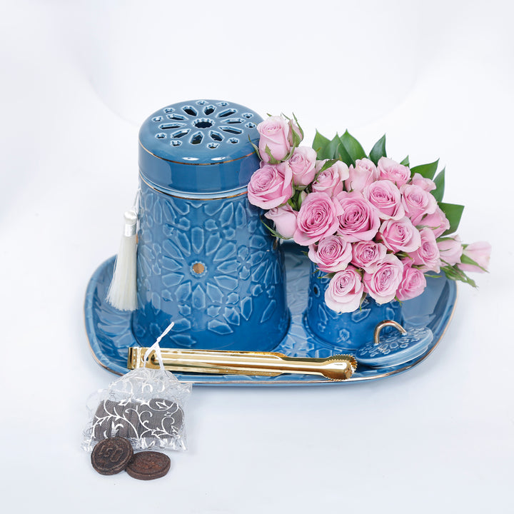 Serene Aroma Oasis Set: Luxurious Incense Burner with Purple Spray Roses
