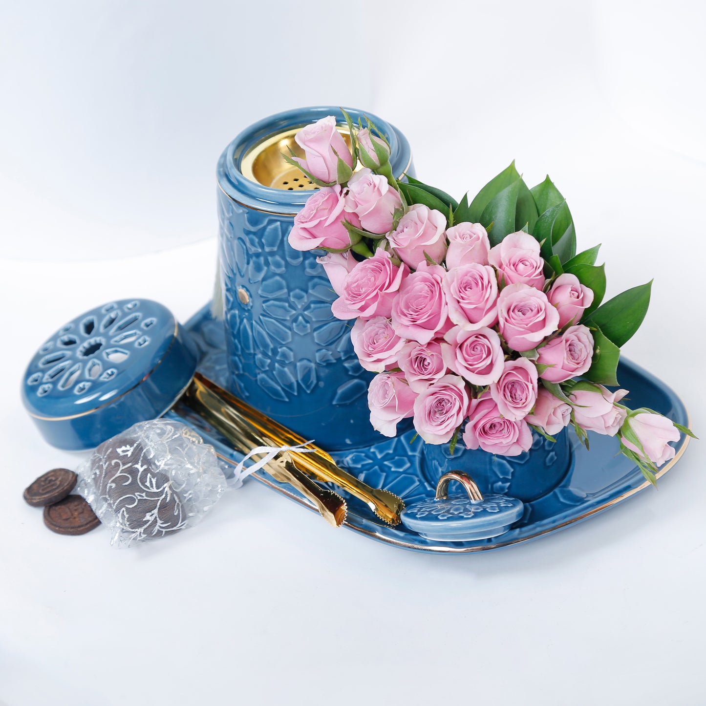 Serene Aroma Oasis Set: Luxurious Incense Burner with Purple Spray Roses