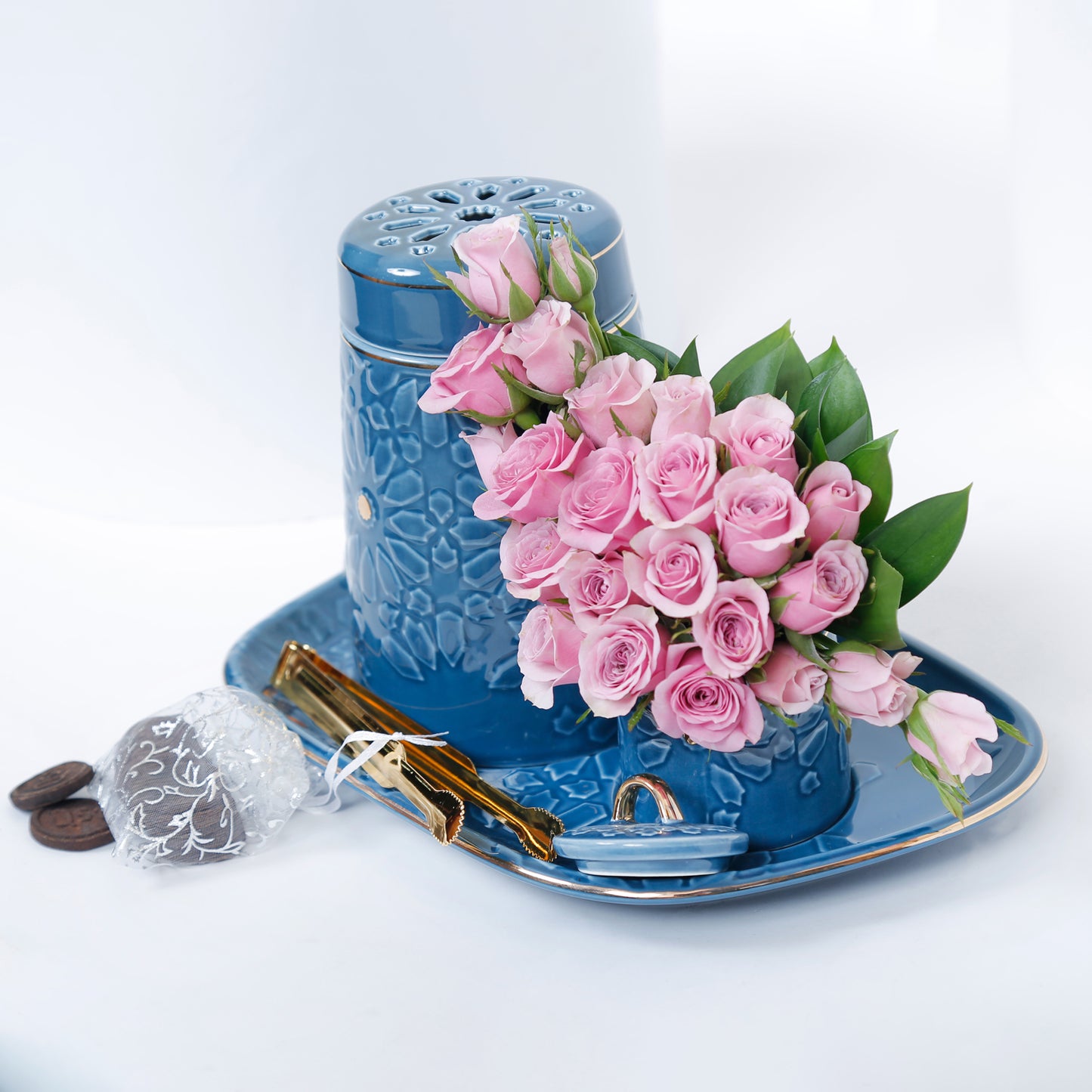 Serene Aroma Oasis Set: Luxurious Incense Burner with Purple Spray Roses