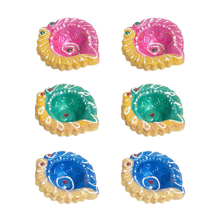 Set of 6 Multicolour Terracotta Diya with Decorative Packaging