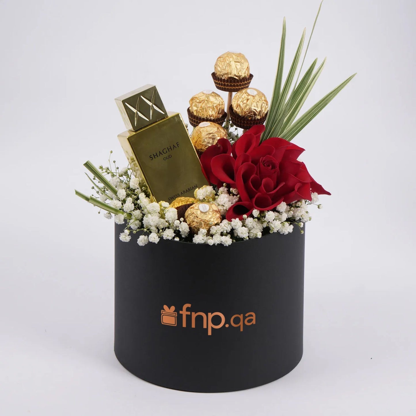 Luxurious Shaghaf Oud Perfume Gift Set with Flowers and Ferrero Rocher Chocolates