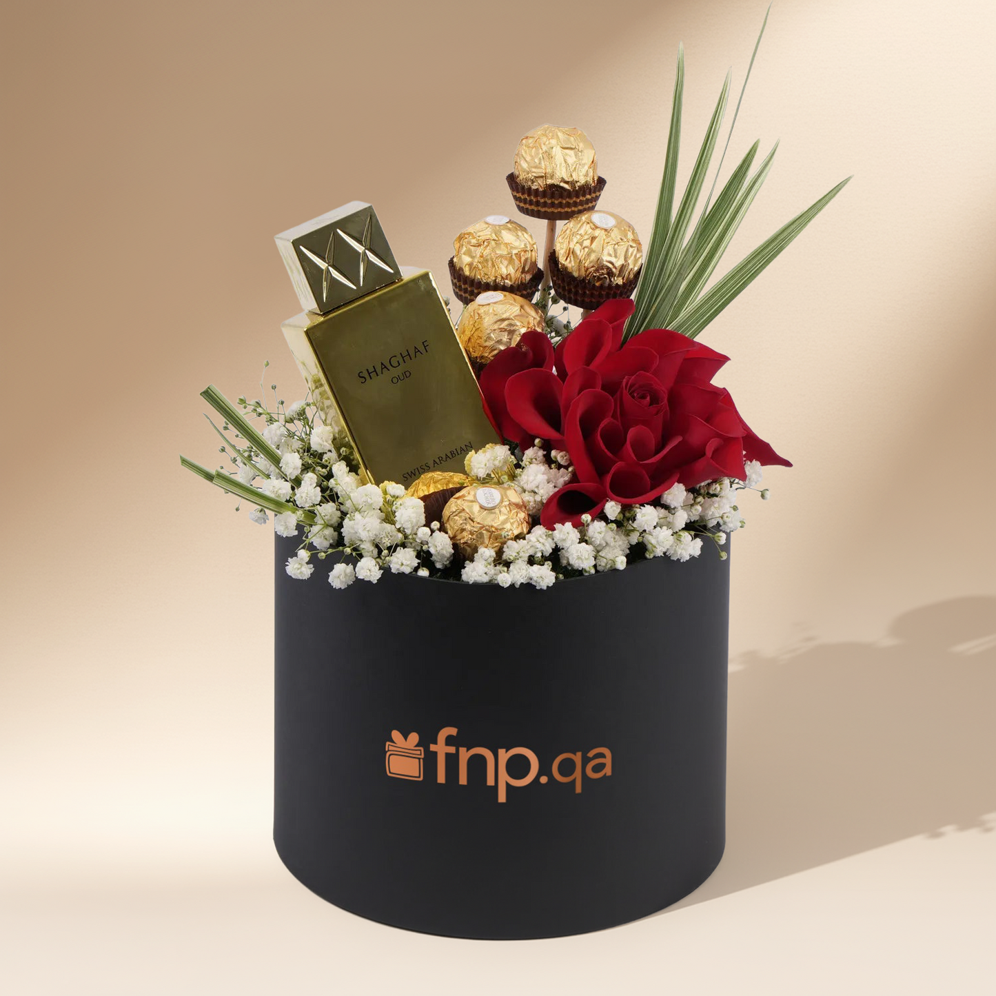 Luxurious Shaghaf Oud Perfume Gift Set with Flowers and Ferrero Rocher Chocolates