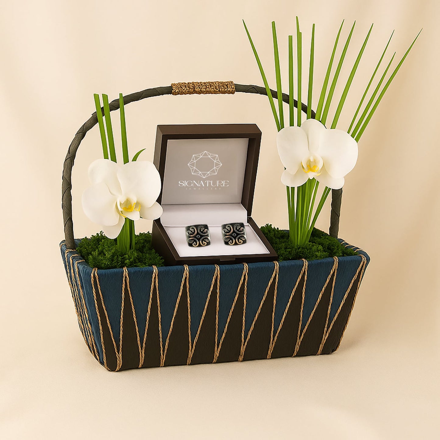 Elegant Gift Basket with Signature Jewelry Black Enamel Swirl Cufflinks