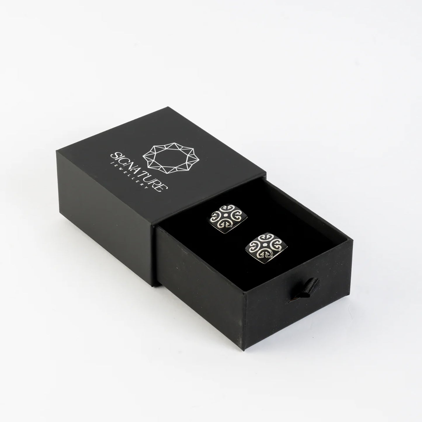 Elegant Gift Basket with Signature Jewelry Black Enamel Swirl Cufflinks