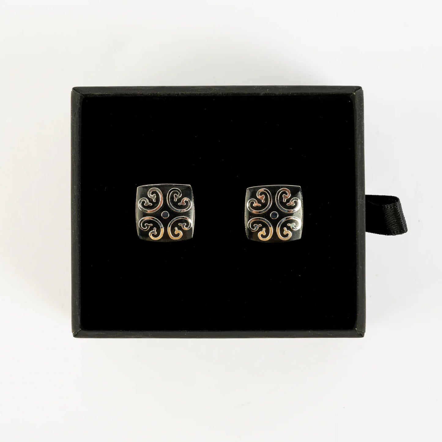 Elegant Gift Basket with Signature Jewelry Black Enamel Swirl Cufflinks
