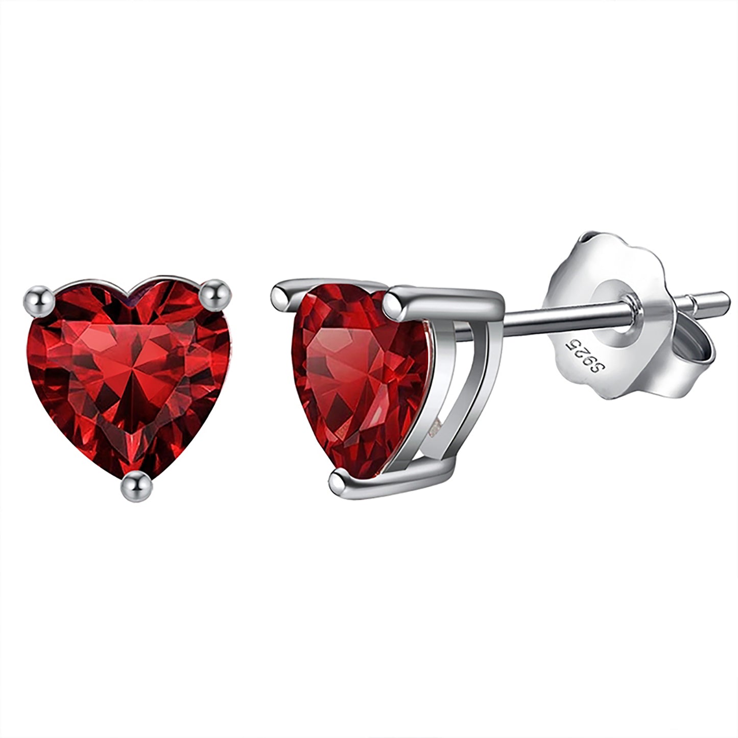 Elegant Heart Glow Silver Earrings with Red Crystals