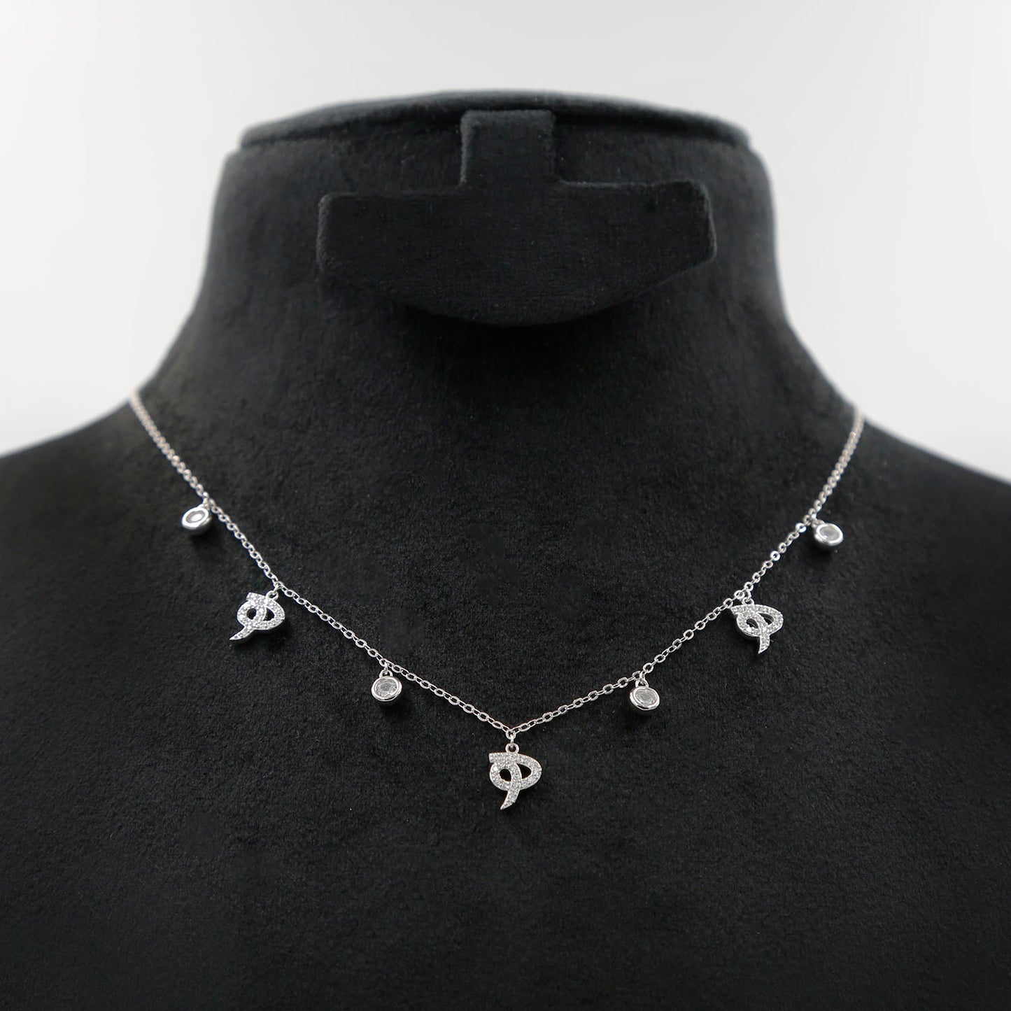 Elegant Sterling Silver Necklace with Arabic Letter ه and Crystal Accents