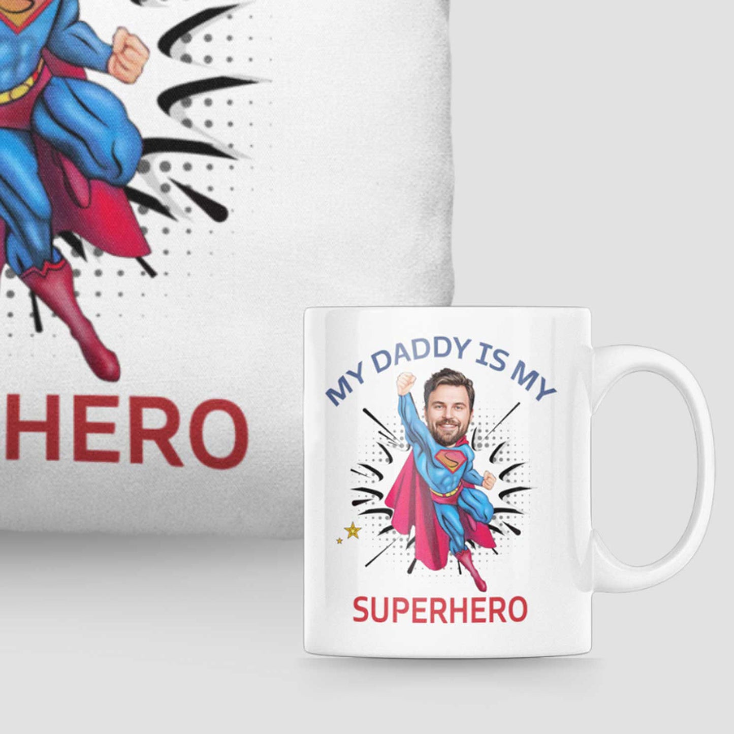 Custom Superhero Caricature Cushion and Mug Set for Dad