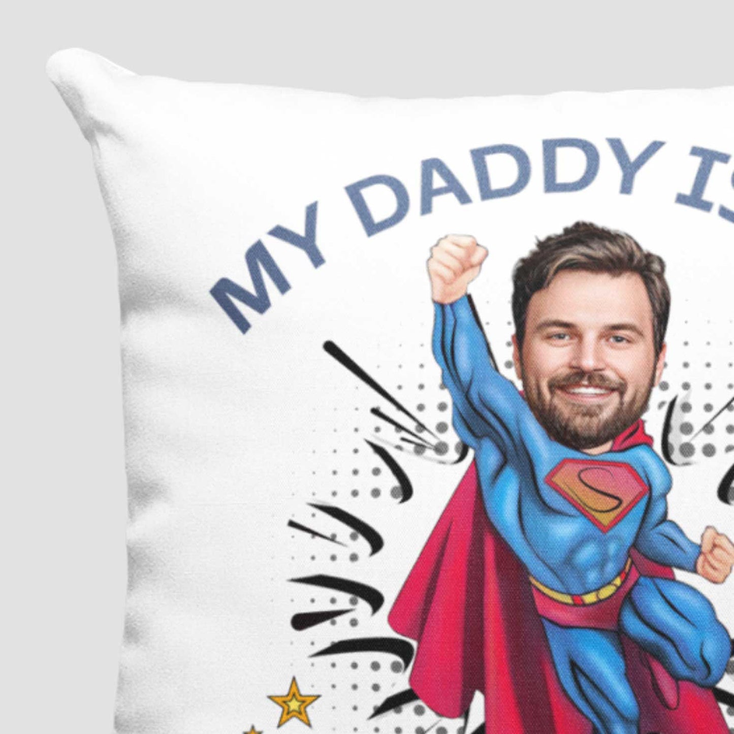 Custom Superhero Caricature Cushion and Mug Set for Dad