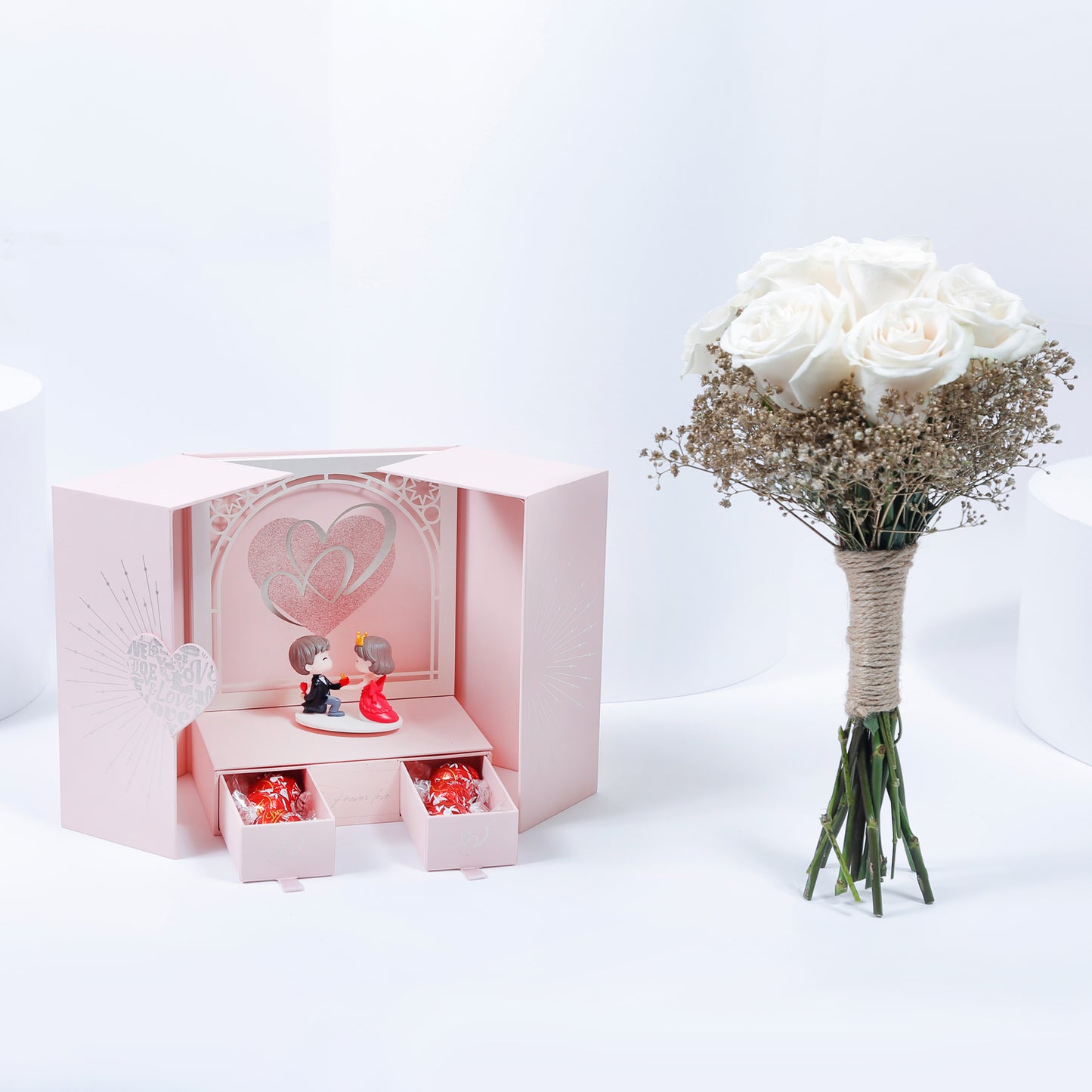 Sweet Romance Gift Set | Elegant White Rose Bouquet & Chocolates