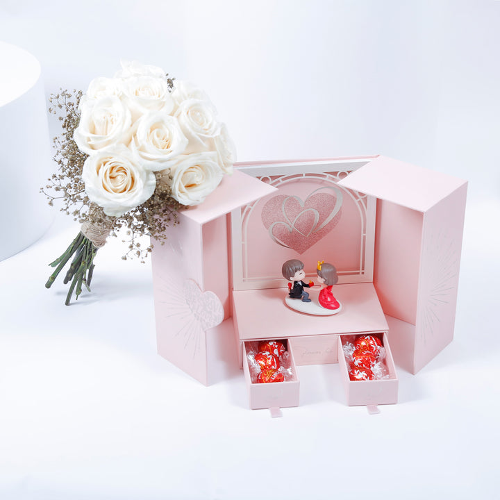 Sweet Romance Gift Set | Elegant White Rose Bouquet & Chocolates