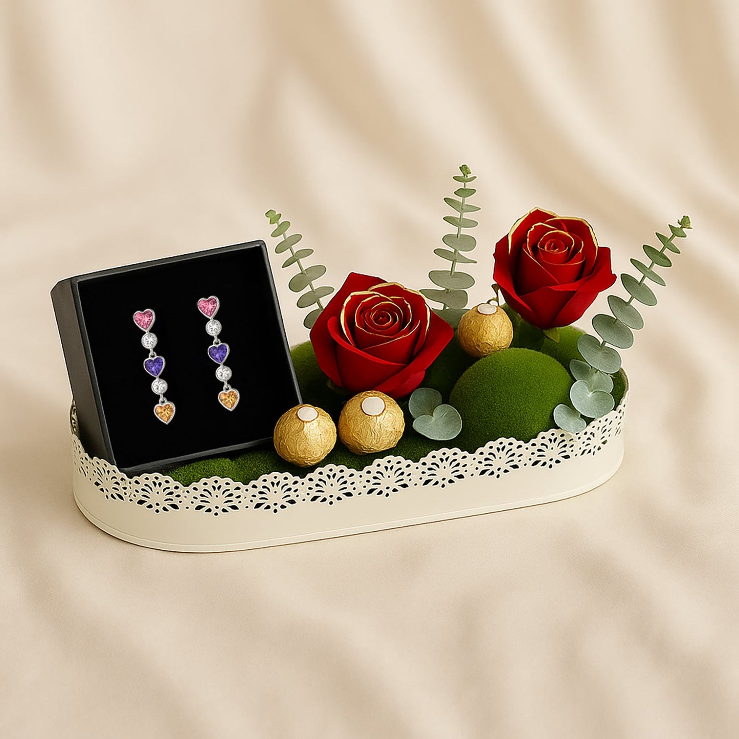 Elegant Heartfall Earrings with Red Roses & Ferrero Rocher Gift Set