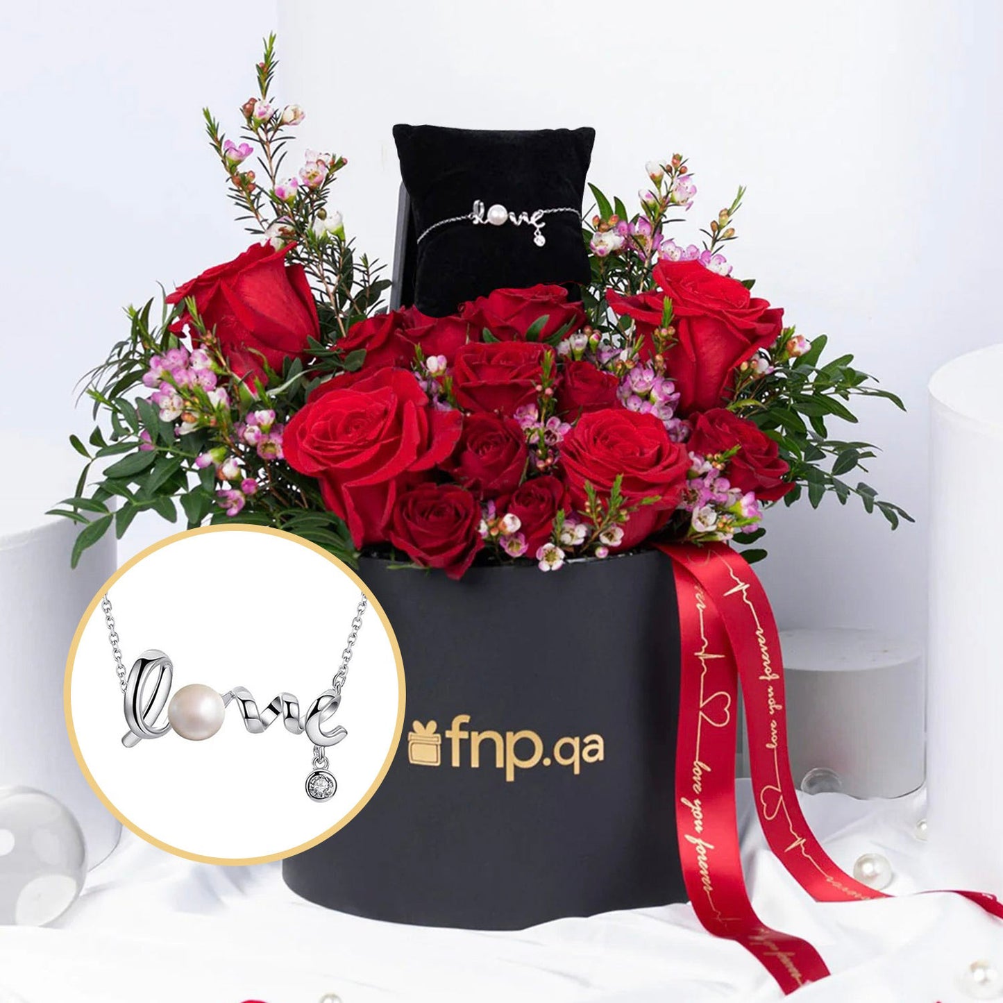 Timeless Valentine Red Roses with Elegant Noqoosh Necklace - A Gift of Love