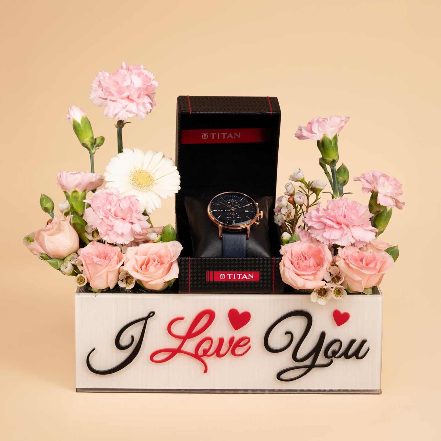 Titan Infinity Display Blue Dial Chronograph Leather Strap watch for Men Arranged In I Love You Box with Flowers
