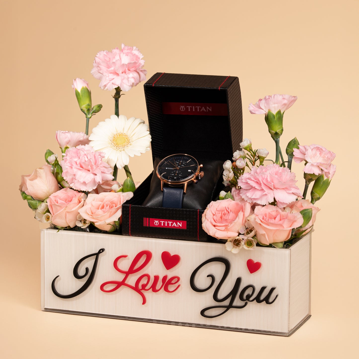 Titan Infinity Display Blue Dial Chronograph Leather Strap watch for Men Arranged In I Love You Box with Flowers